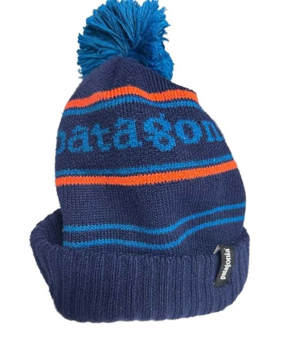 Patagonia Youth Powder Town Pom Beanie Navy Blue Orange Striped Ski Hat